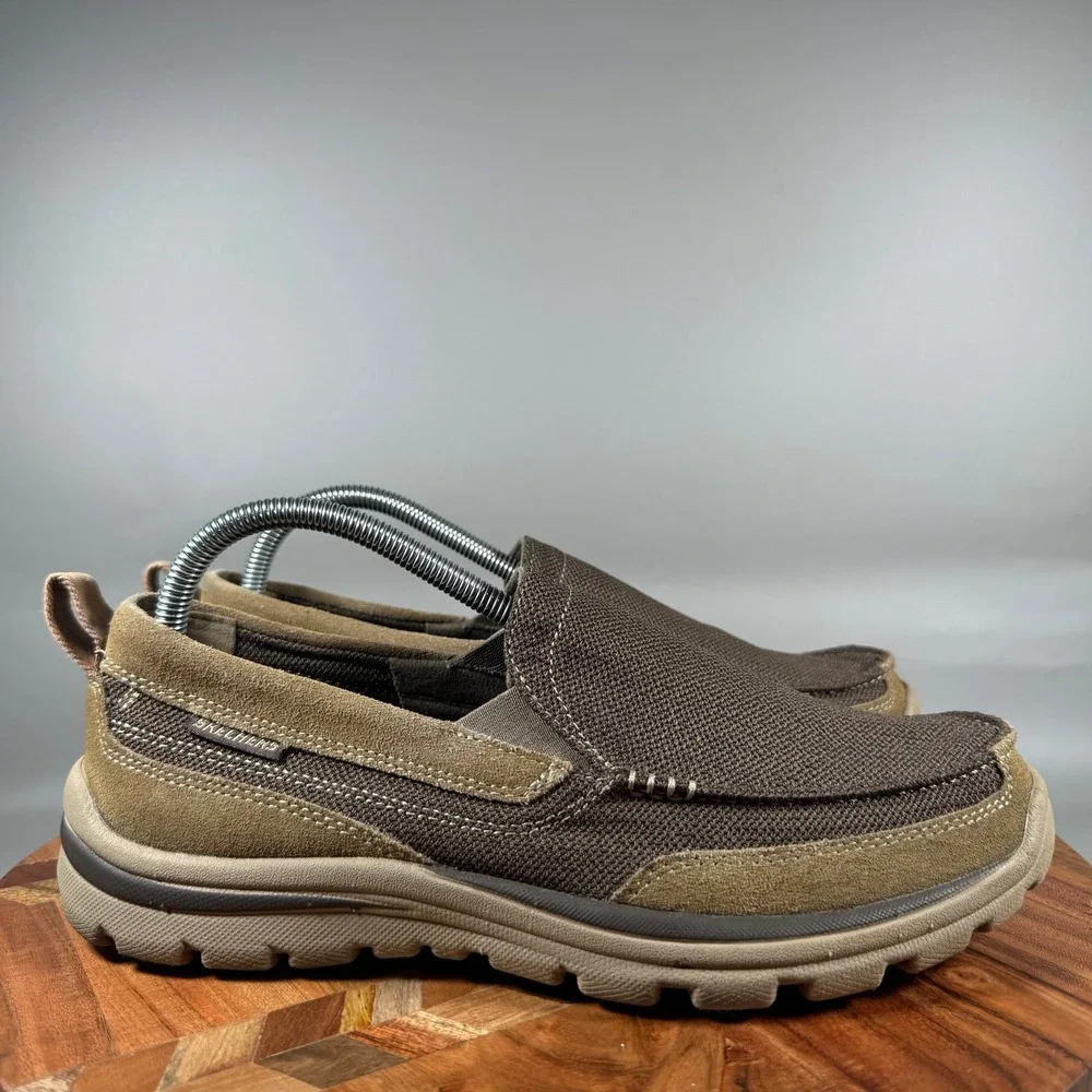 Skechers Relaxed Fit Mens 8.5 Brown Leather Textile Slip On Loafers 64365 LTBR